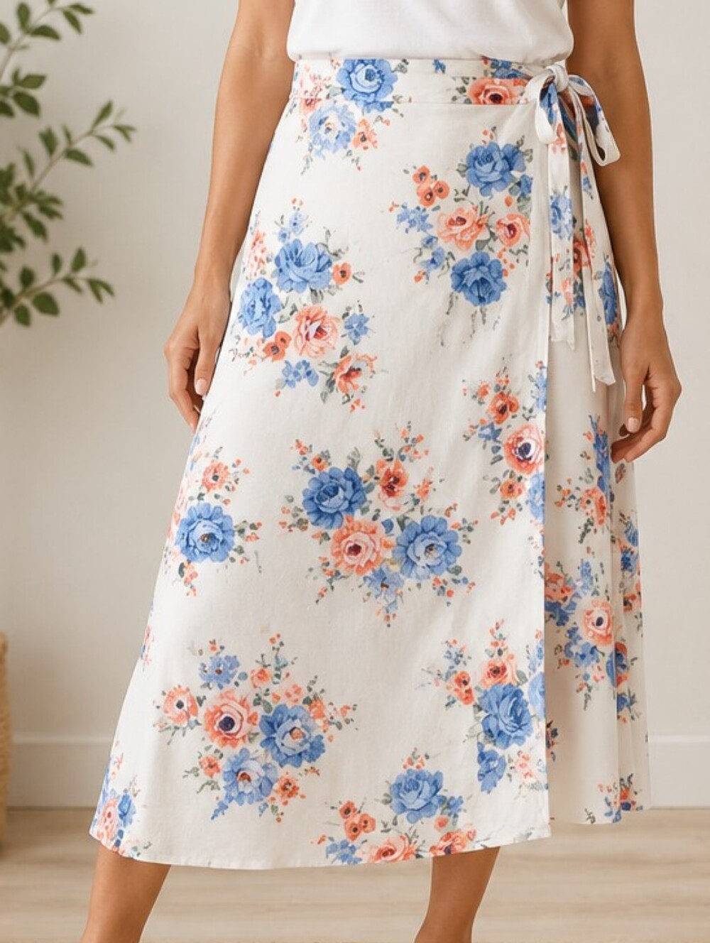 LOFT Floral Wrap MIDI Skirt with Blue and Orange Accents